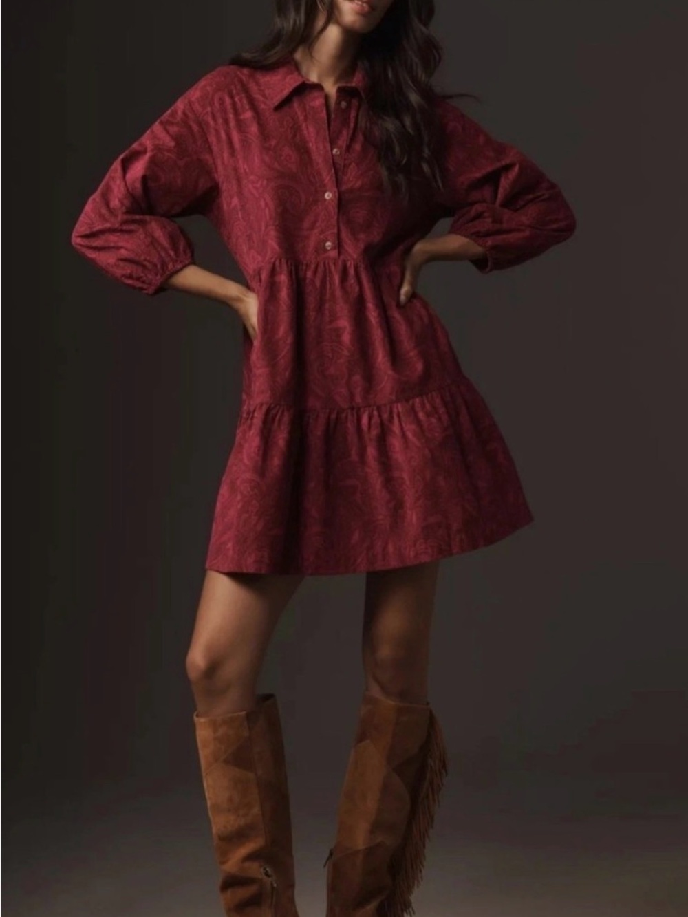 Anthropologie Maeve Bettina Tiered Dress Corduroy Magenta Paisley Size M
